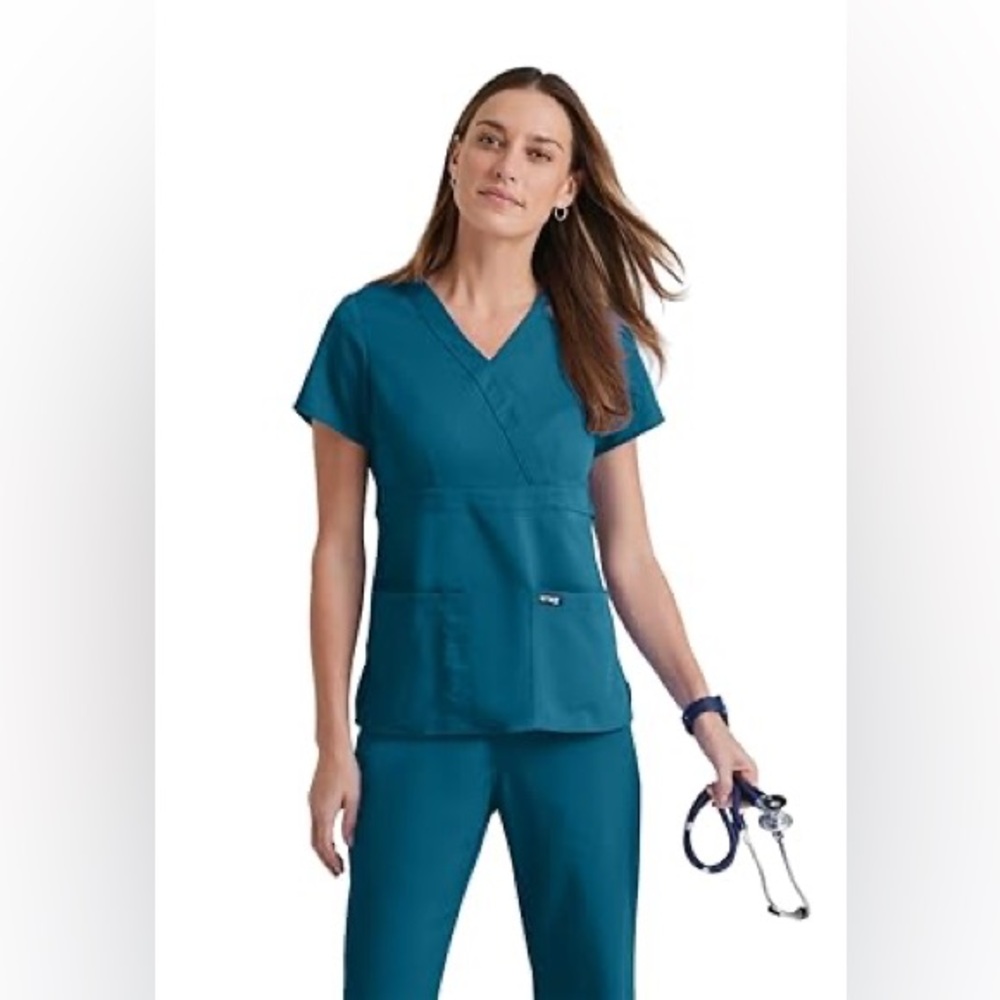 Grey’s Anatomy Mock Wrap 3 Pocket Scrub Top Caribbean Blue Size XS